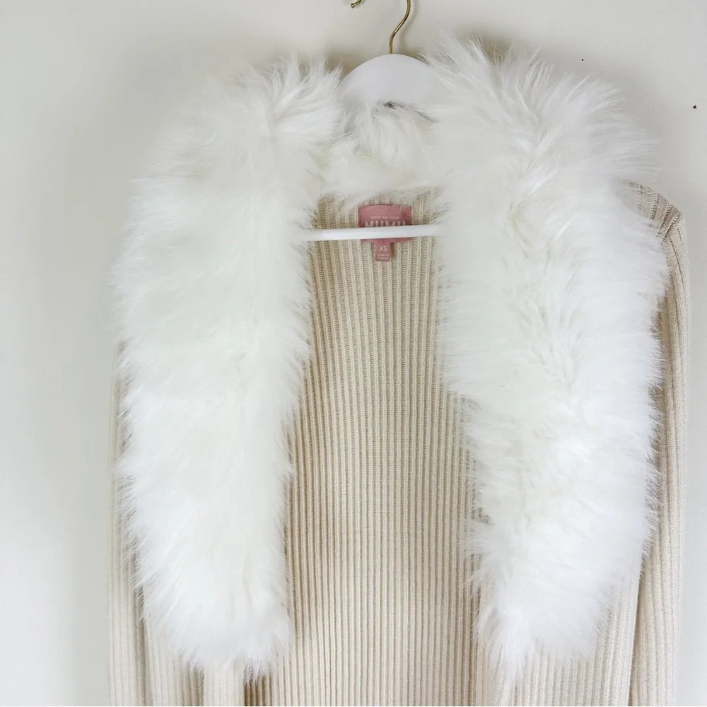 Show Me Your MuMu Cream Faux-Fur Collar Long Cardigan - Picture 8 of 13